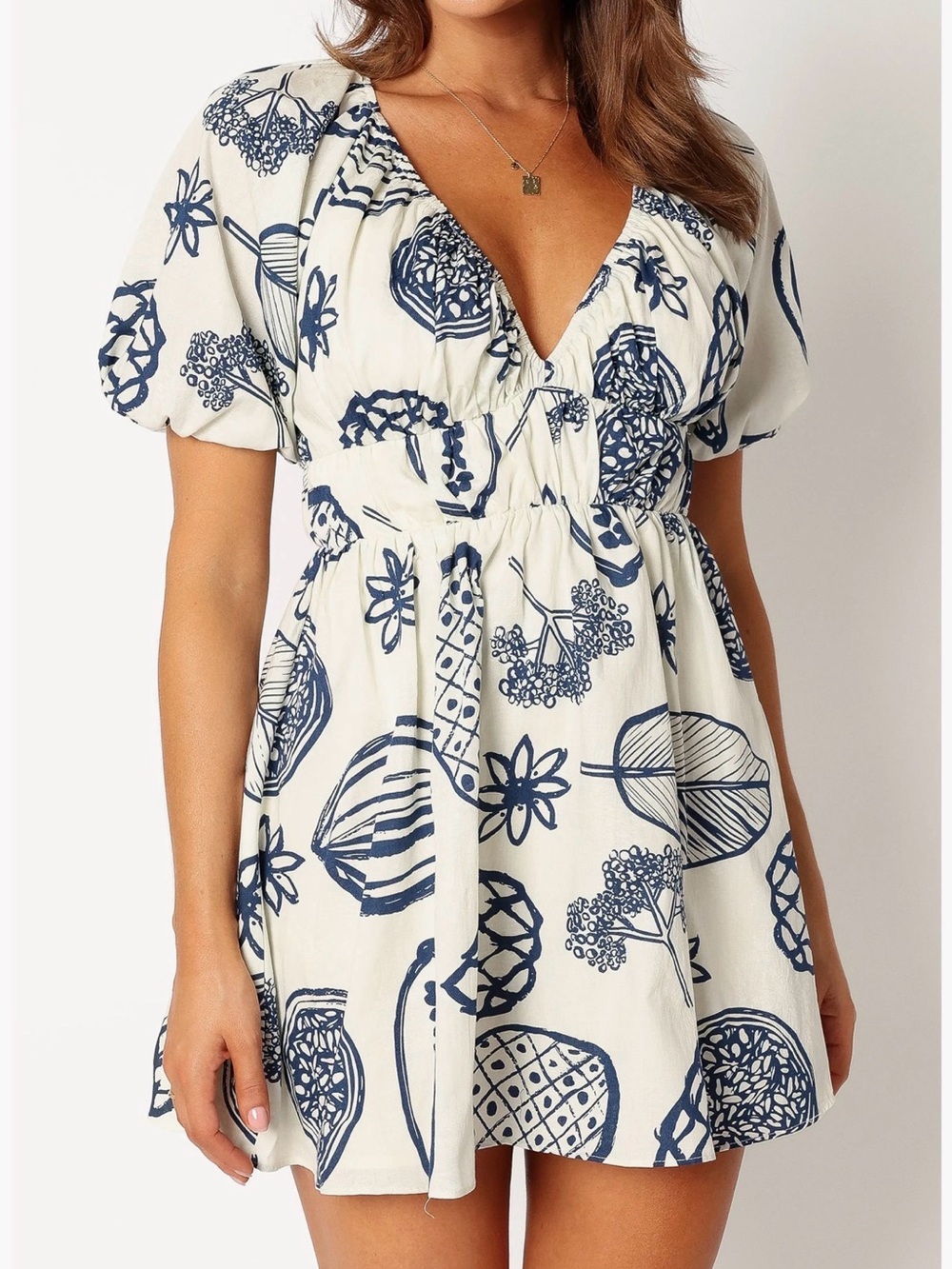 Petal + Pup Cream / Navy V-Neck Floral Print Short Dress